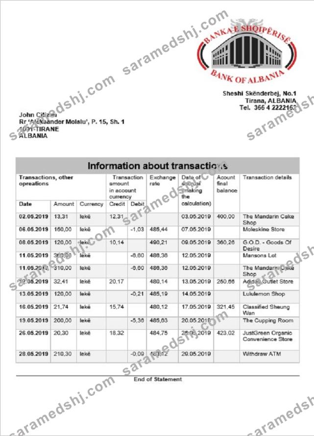 Albania Bank of Albania bank statement